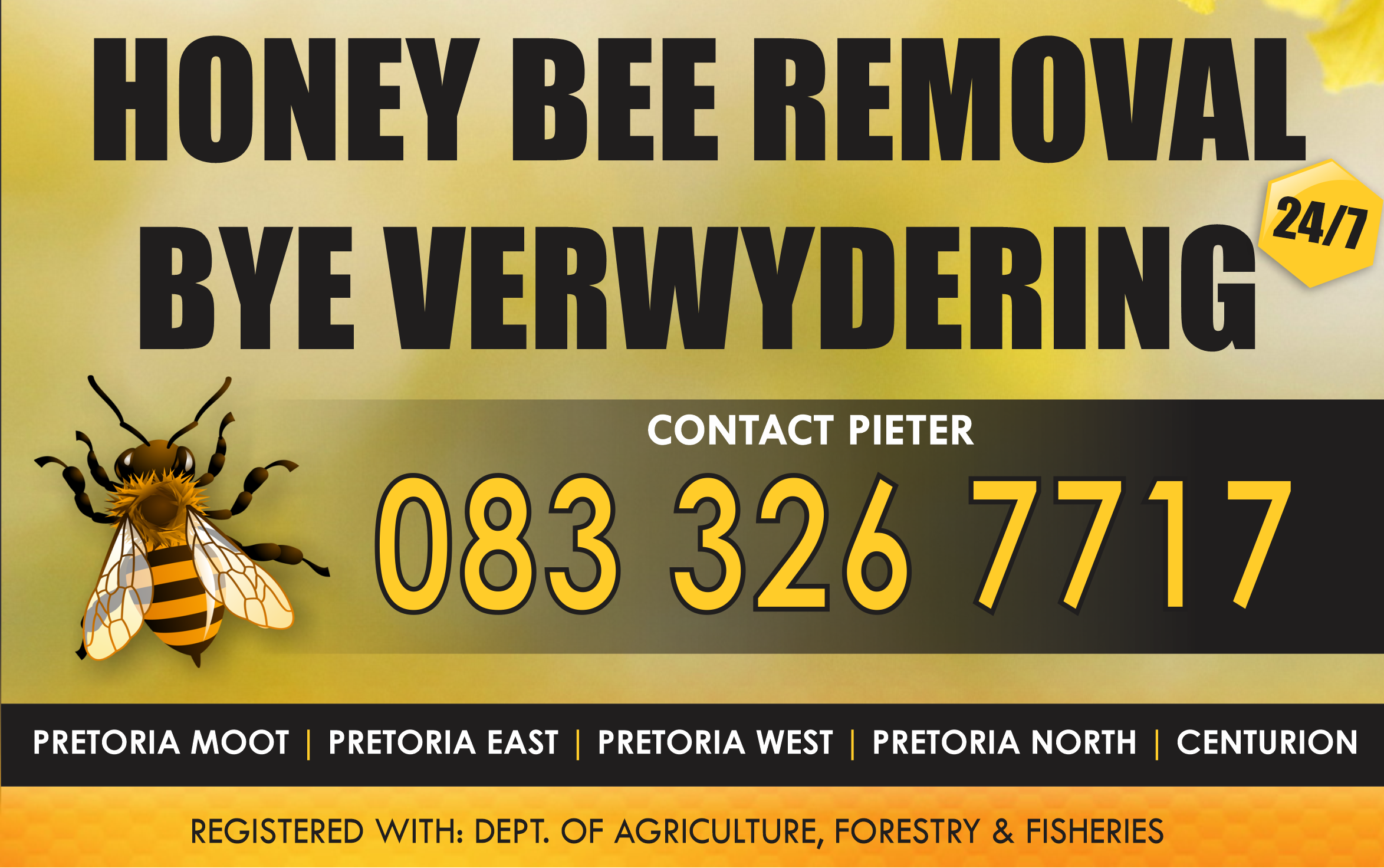 Contact us for professional removal of Honey bees and wasps. We safely remove all kinds of honey bee and wasp nests, big or small, domestic and industrial. Over 20 years of experience! 24/7 bee removal service. Pretoria, Gauteng Registered with Department of Agriculture, Forestry & Fisheries.